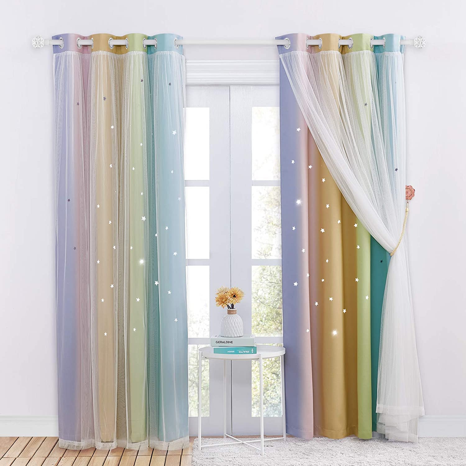 Star Cut Out Blackout Curtains With Sheer Curtain Overlay 1 Panel KGORGE Store
