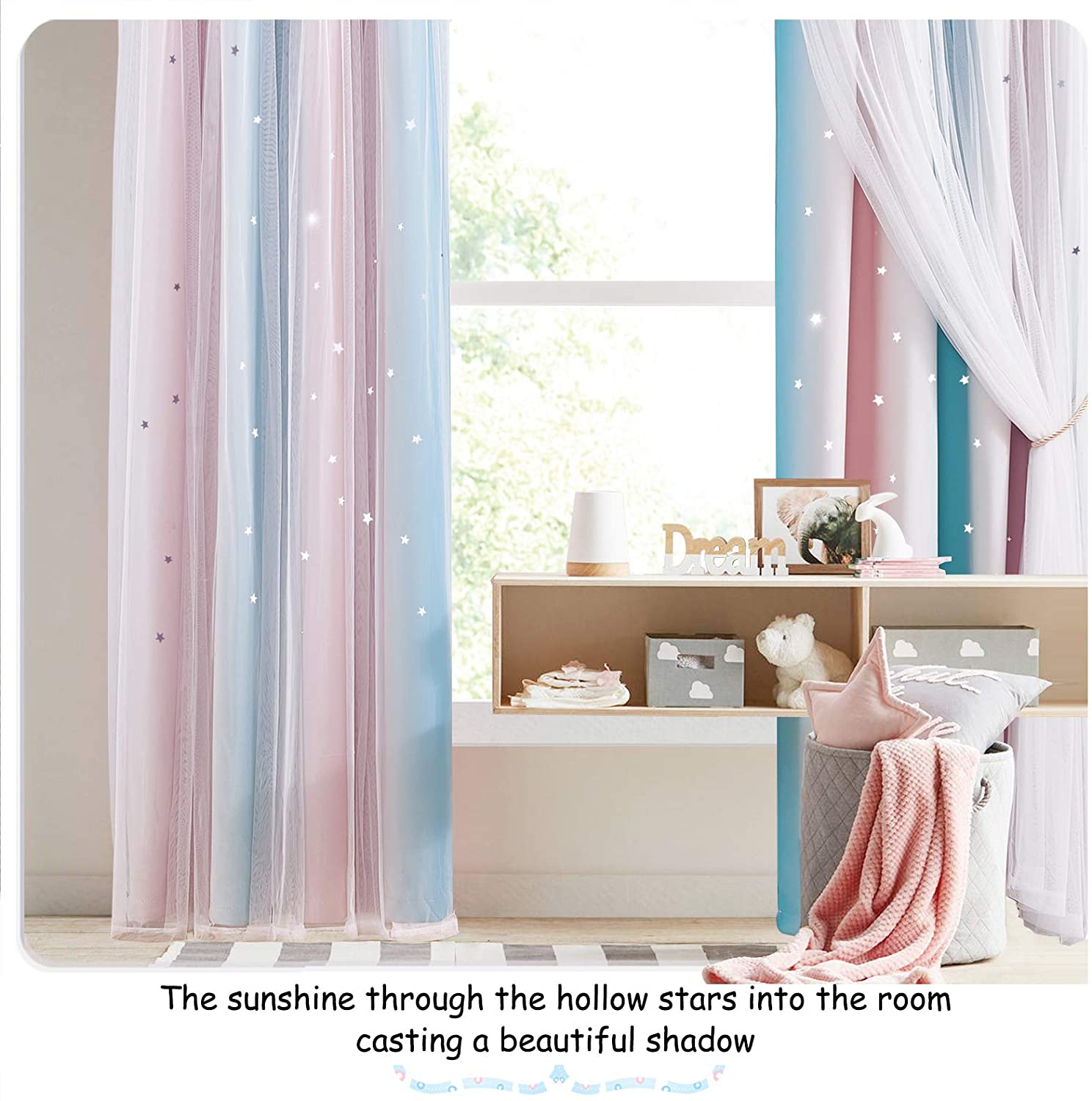 Star Cut Out Blackout Curtains With Sheer Curtain Overlay 2 Panels