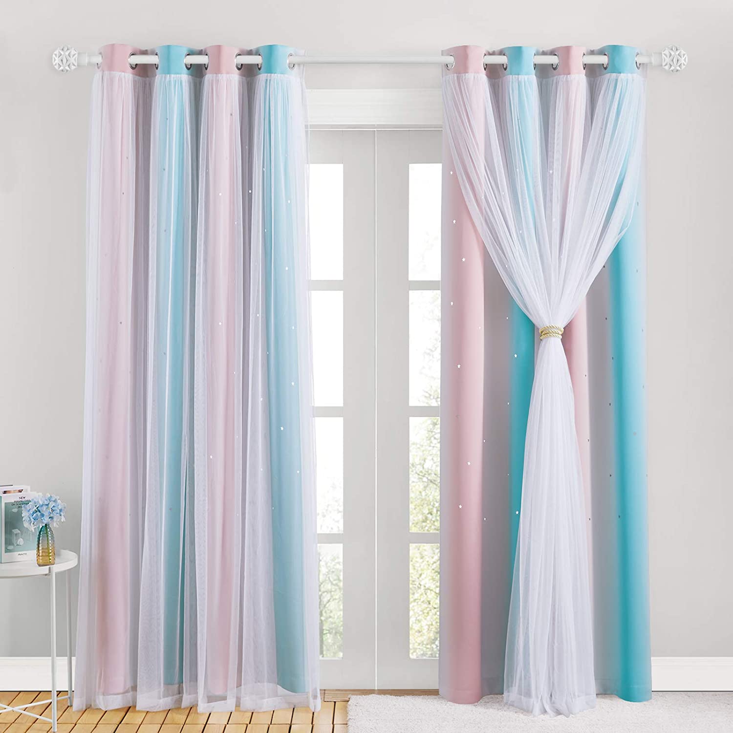 Star Cut Out Blackout Curtains With Sheer Curtain Overlay 2 Panels KGORGE Store