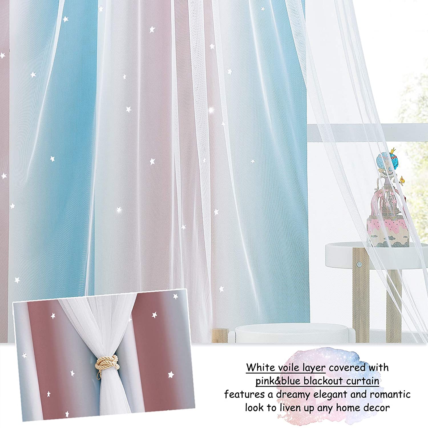 Star Cut Out Blackout Curtains With Sheer Curtain Overlay 2 Panels