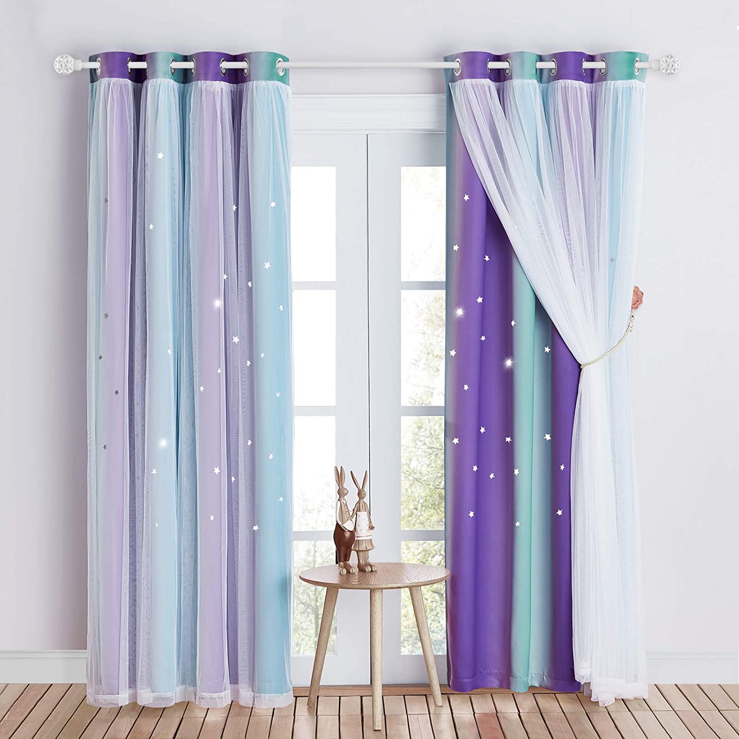 Star Cut Out Blackout Curtains With Sheer Curtain Overlay 2 Panels