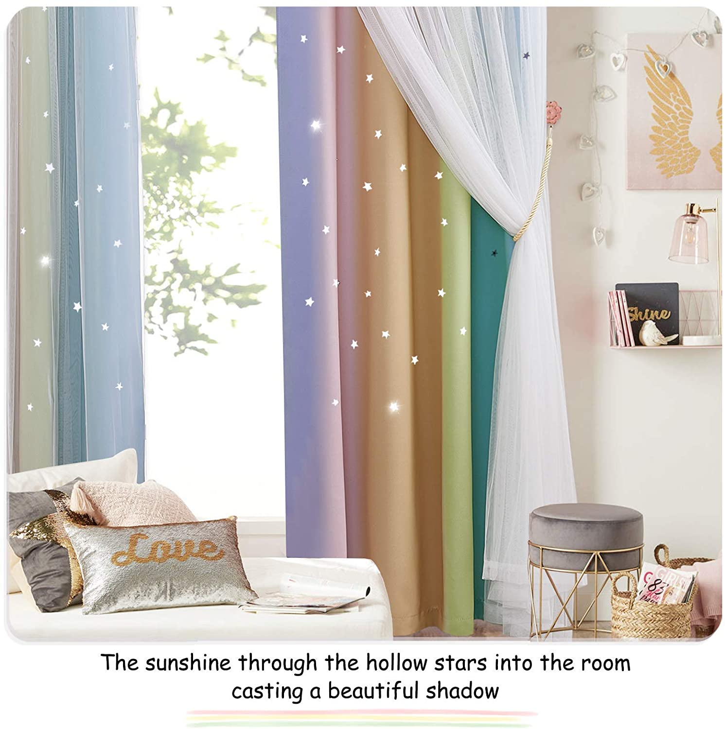 Star Cut Out Blackout Curtains With Sheer Curtain Overlay 2 Panels