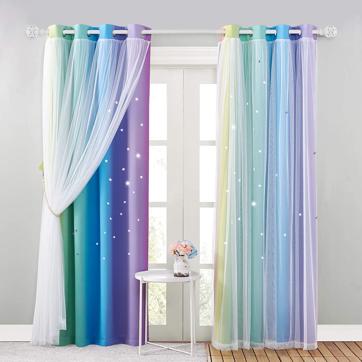 Star Cut Out Blackout Curtains With Sheer Curtain Overlay 2 Panels