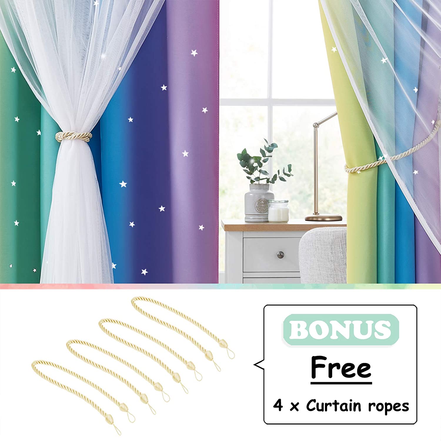 Star Cut Out Blackout Curtains With Sheer Curtain Overlay 2 Panels