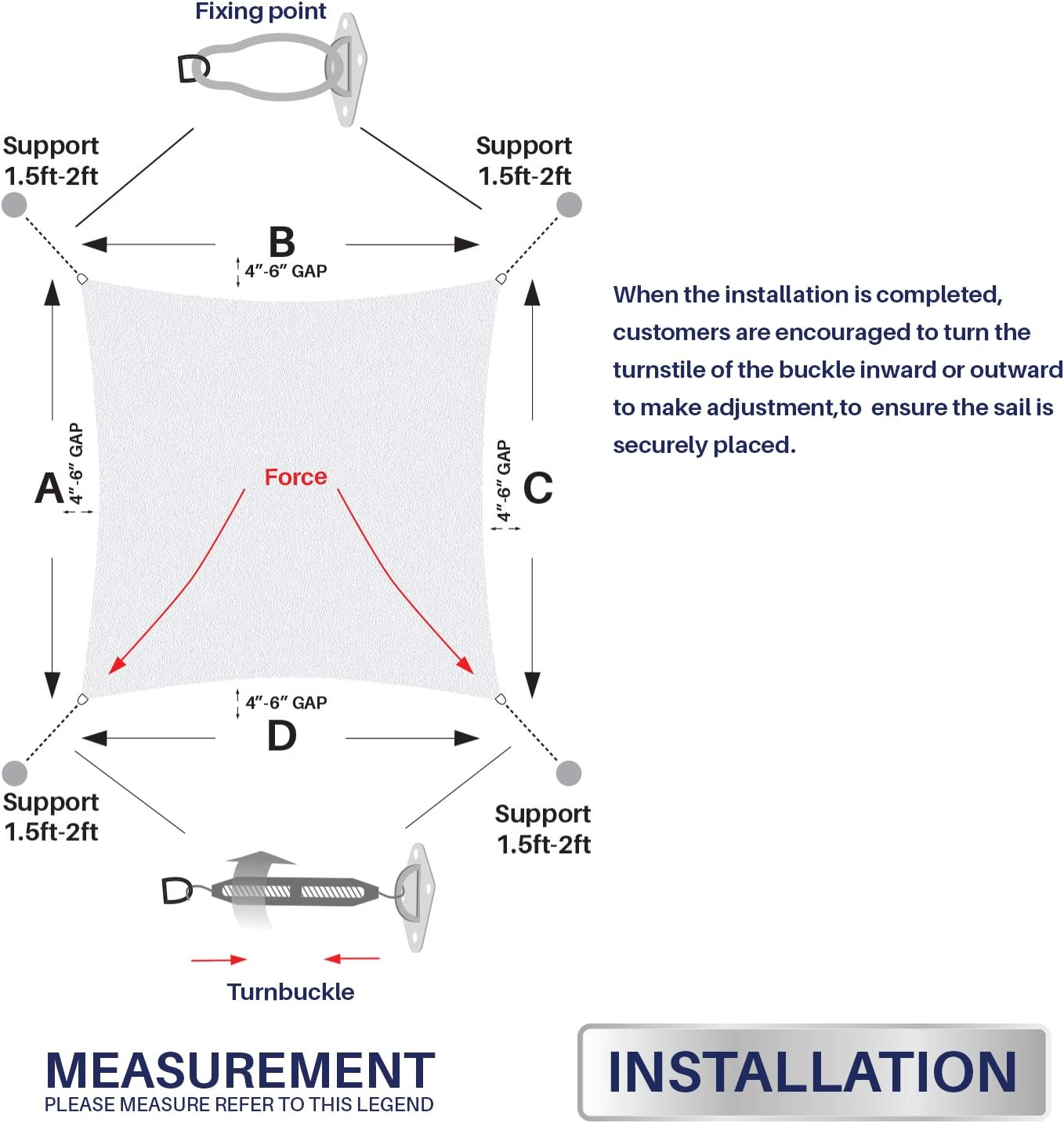Installation diagram for rectangle/square sun shade sail, showing support points, 4-6" gap, and turnbuckle adjustment for outdoor setup.