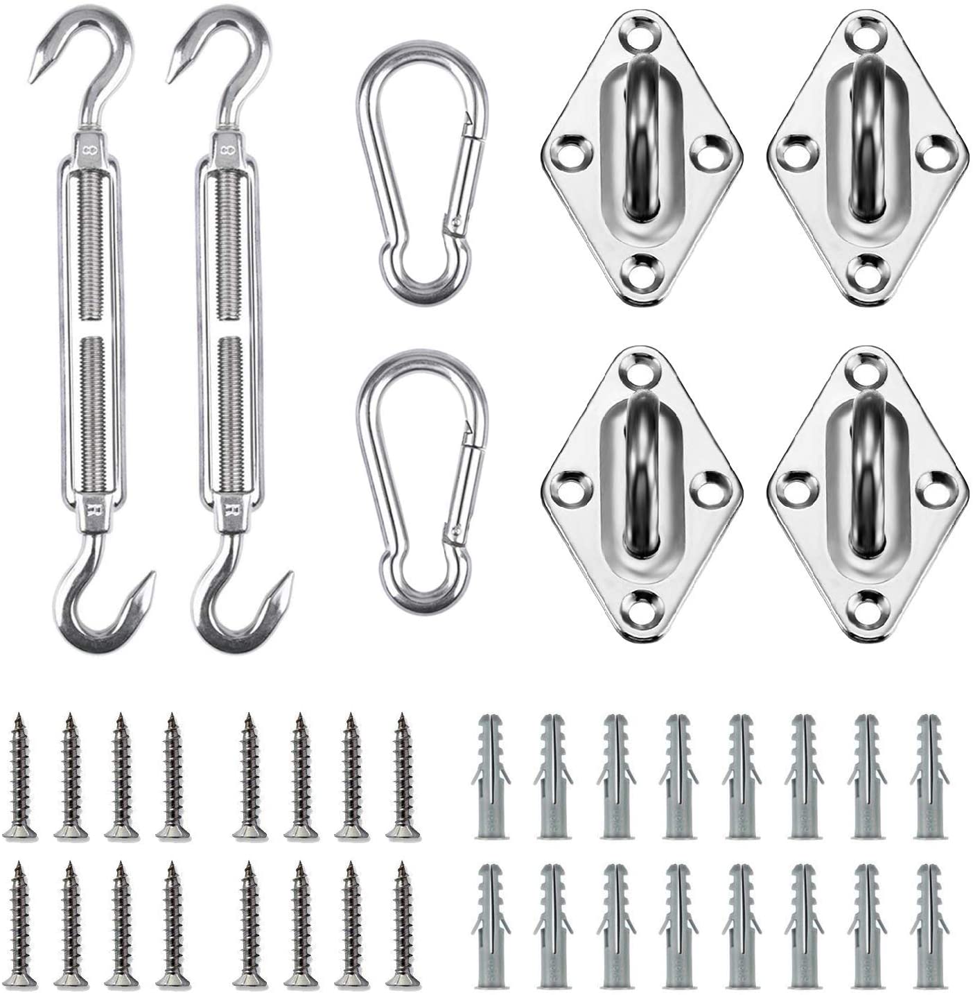 Complete 304 stainless steel Sun Shade Sail Hardware Kit: turnbuckles, snap hooks, pad eyes, screws, & expansion anchors for outdoor installation.