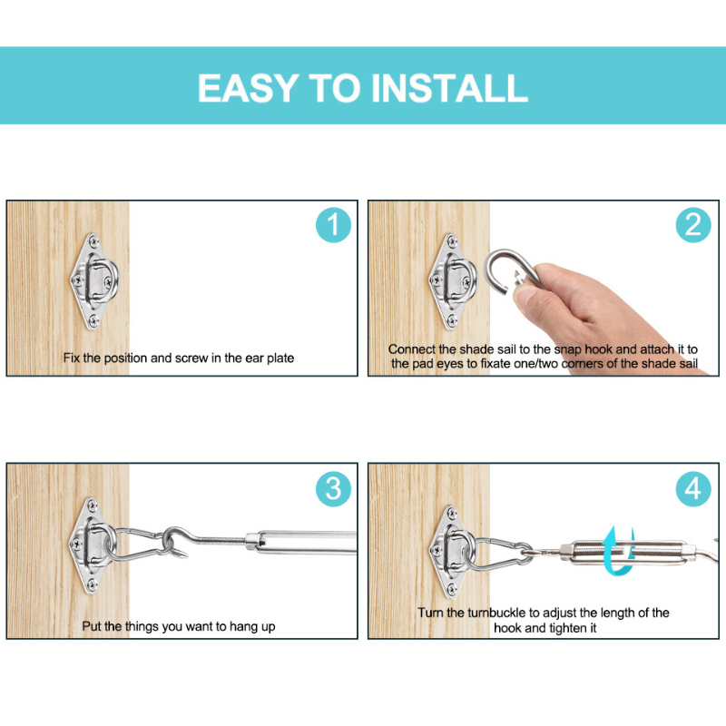 Easy installation guide for 304 stainless steel sun shade sail hardware kit, showing pad eye, snap hook, and turnbuckle adjustment.
