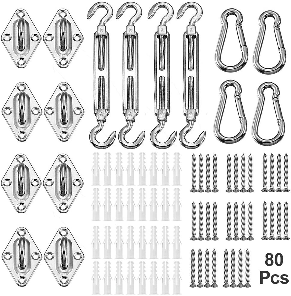 80 pcs 304 stainless steel sun shade sail hardware kit with pad eyes, turnbuckles, snap hooks, screws, and anchors for outdoor installation.
