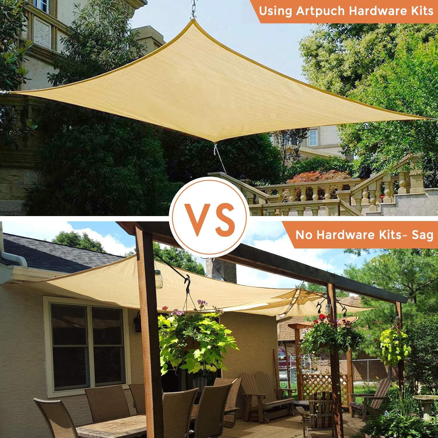 Comparison: Taut beige rectangle sun shade sail installed with hardware kit vs. sagging sail without, for optimal outdoor patio protection.