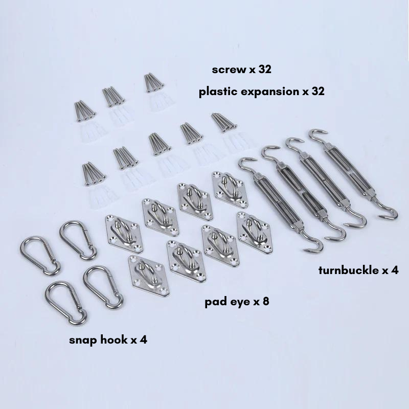Complete 304 Stainless Steel Sun Shade Sail Hardware Kit for outdoor installation, including turnbuckles, pad eyes, snap hooks, screws, and plastic expansions.