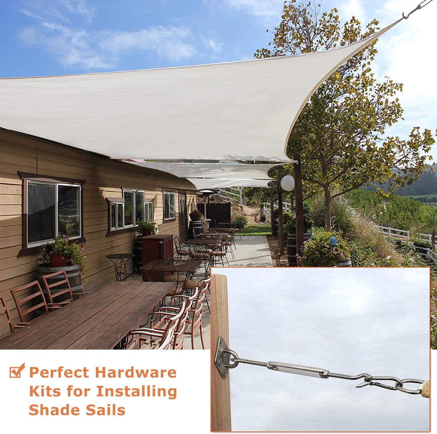 304 stainless steel sun shade sail hardware kit on a wooden post. Large beige outdoor shade sail covers a patio.