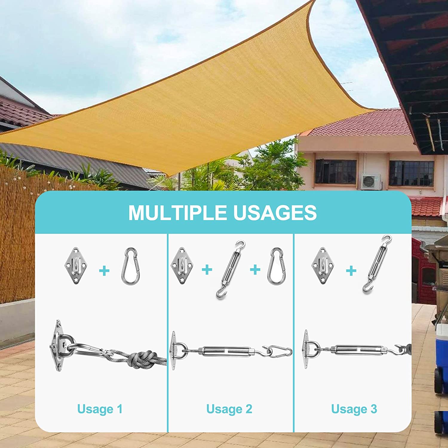 Yellow outdoor shade sail installed; diagram details 304 stainless steel hardware kit connections for secure rectangle/square shade sails.
