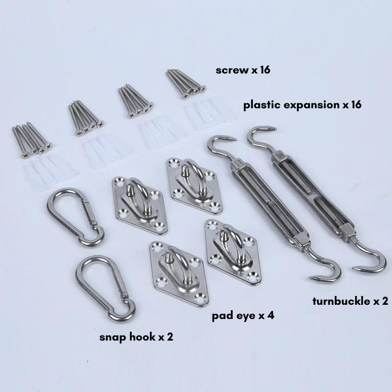 304 stainless steel hardware kit for rectangle/square sun shade sails: turnbuckles, snap hooks, pad eyes, screws for outdoor installation.