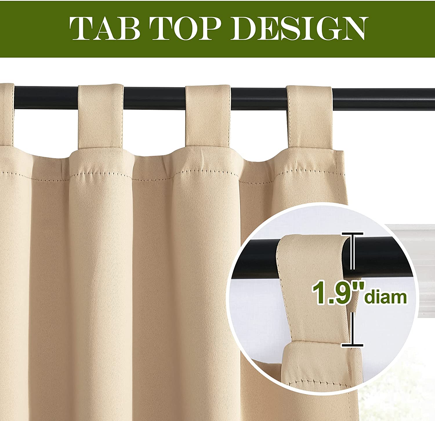 Close-up of a beige tab top thermal insulated blackout curtain on a rod, highlighting its 1.9" diameter capability for living room or bedroom.