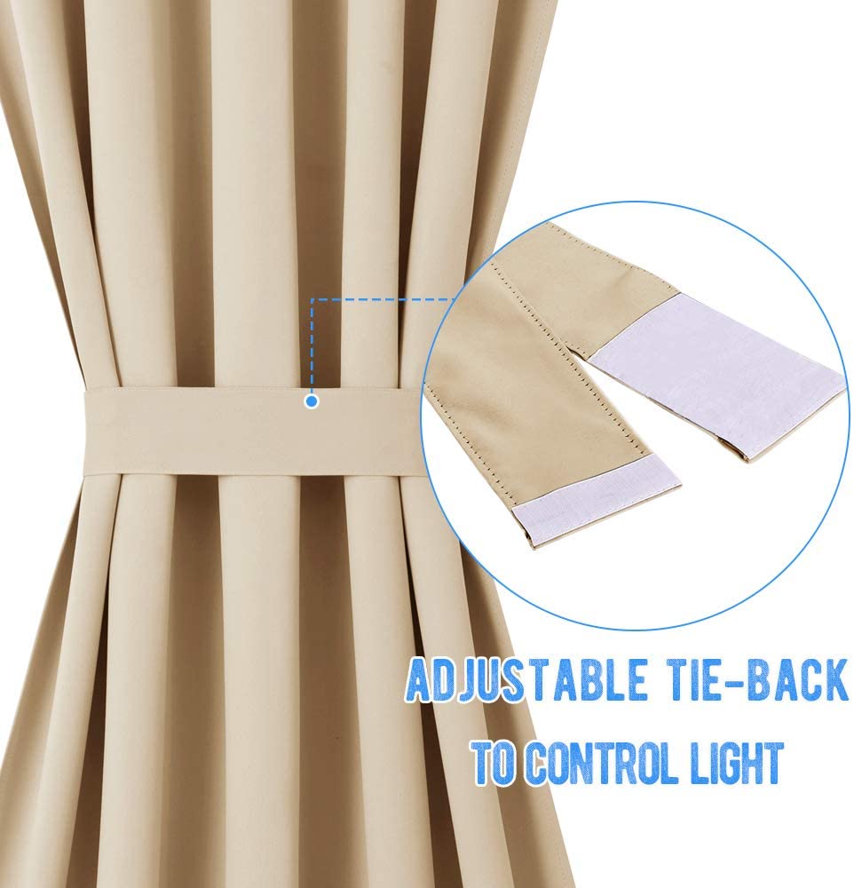 Beige thermal insulated blackout curtain with adjustable tie-back. Velcro fasteners allow custom light control for French doors.