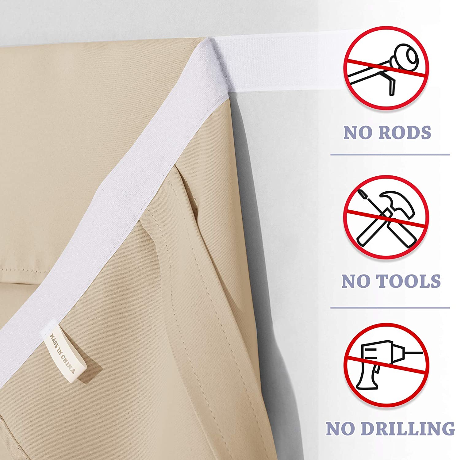 Beige thermal insulated blackout curtain with white velcro top, emphasizing easy French door installation without rods, tools, or drilling.