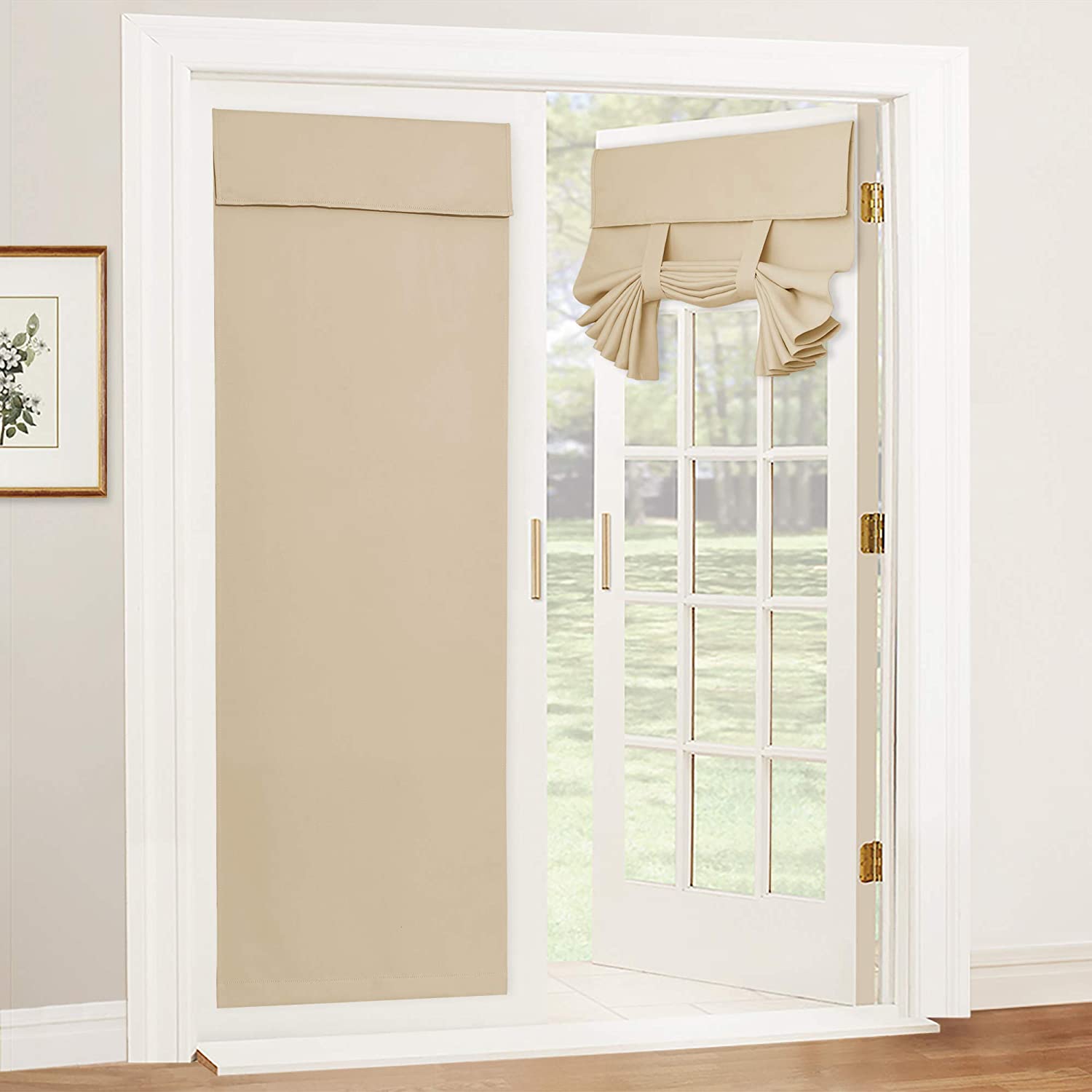 Beige thermal insulated blackout Velcro French door panel. One covers fully, the other tied up for adjustable light and privacy.