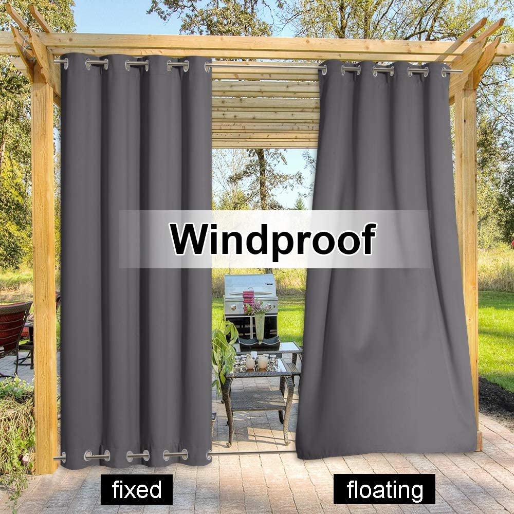 Gray windproof outdoor patio curtains with top & bottom grommets, illustrating fixed bottom vs. floating panel for robust wind protection.