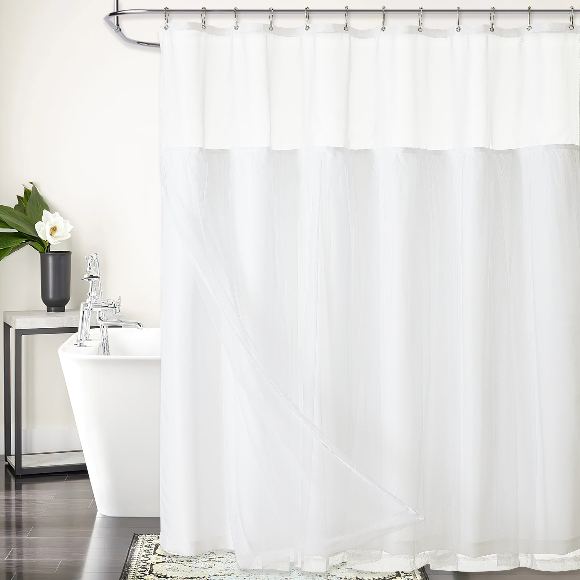Triple Layer Sheer Pleated Tulle And Waterproof Polyester Shower Curtains 1 Panel With 12 Hooks KGORGE Store