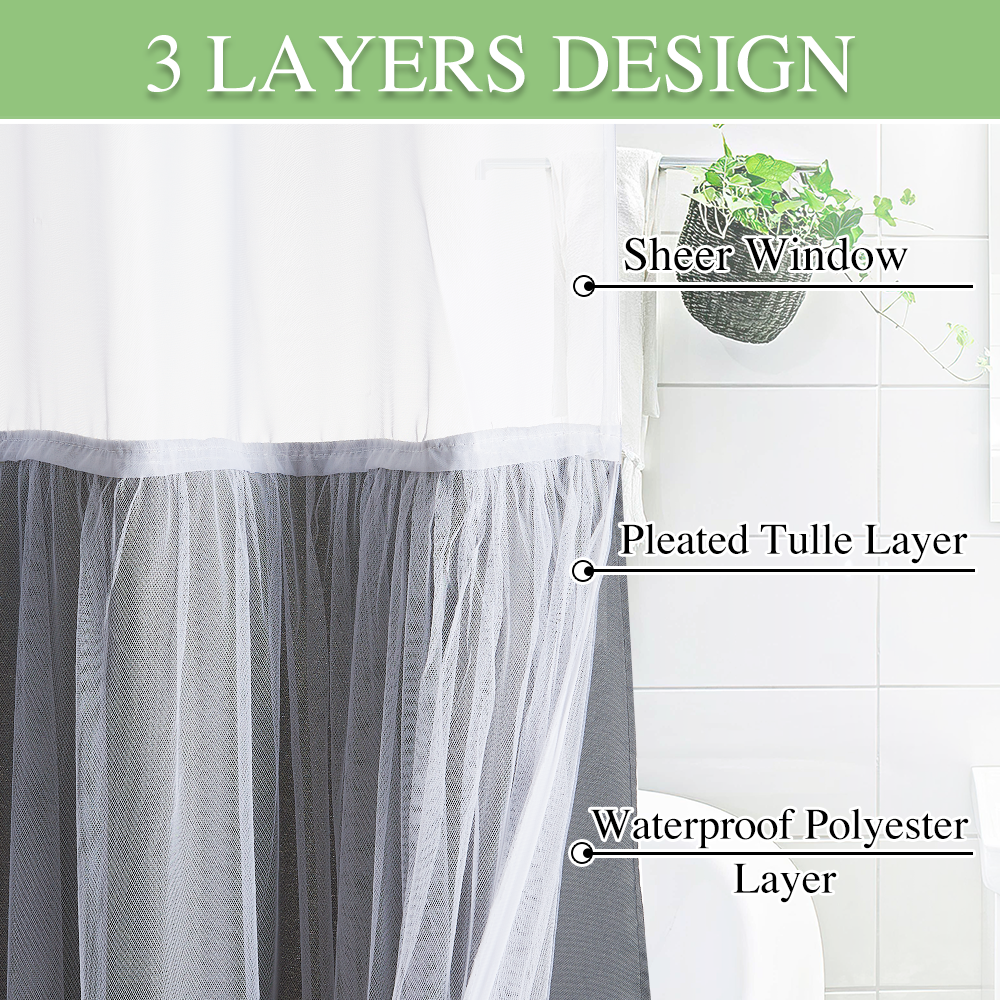 Triple Layer Sheer Pleated Tulle And Waterproof Polyester Shower Curtains 1 Panel With 12 Hooks KGORGE Store