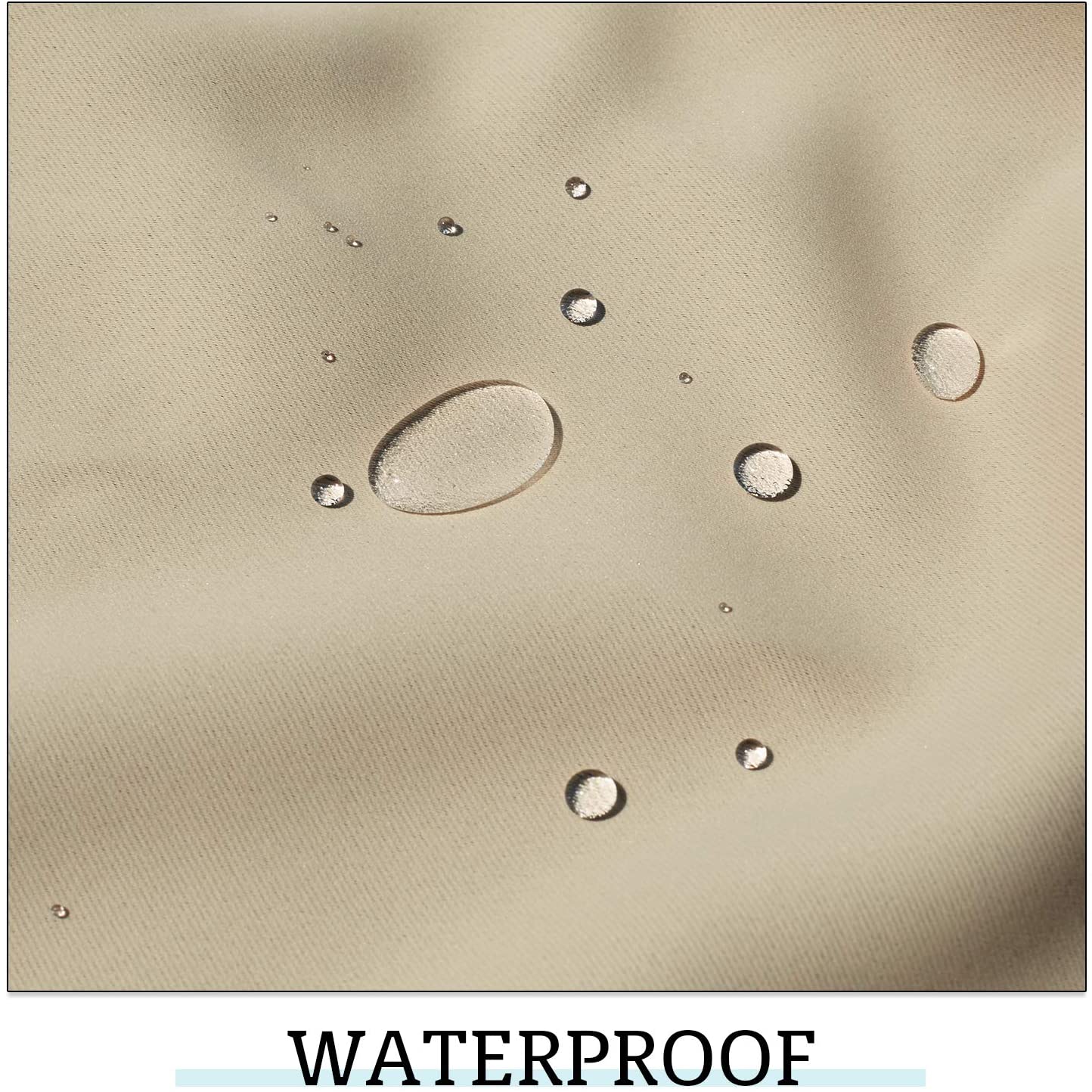 Close-up of beige waterproof outdoor curtain fabric, showing water droplets beading on its surface for rain protection.
