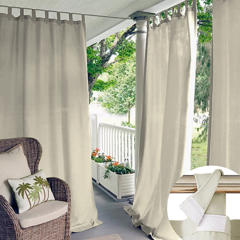 Beige KGORGE velcro tab top waterproof outdoor curtains providing privacy and shade on a patio. Inset highlights attachment.