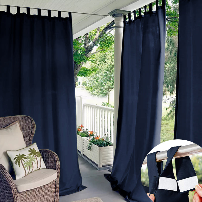 Navy Velcro tab top waterproof outdoor curtains hanging on a patio, with a close-up showing the easy-install tabs. Offers shade and privacy.