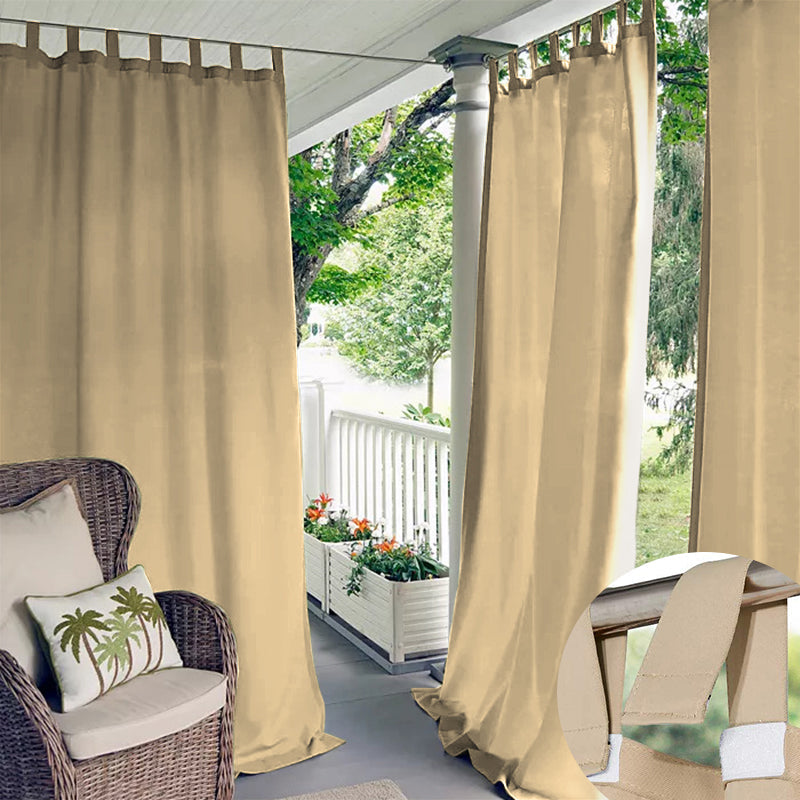 Beige Velcro tab top waterproof outdoor curtains enhancing patio privacy & shade. Inset highlights tab detail.