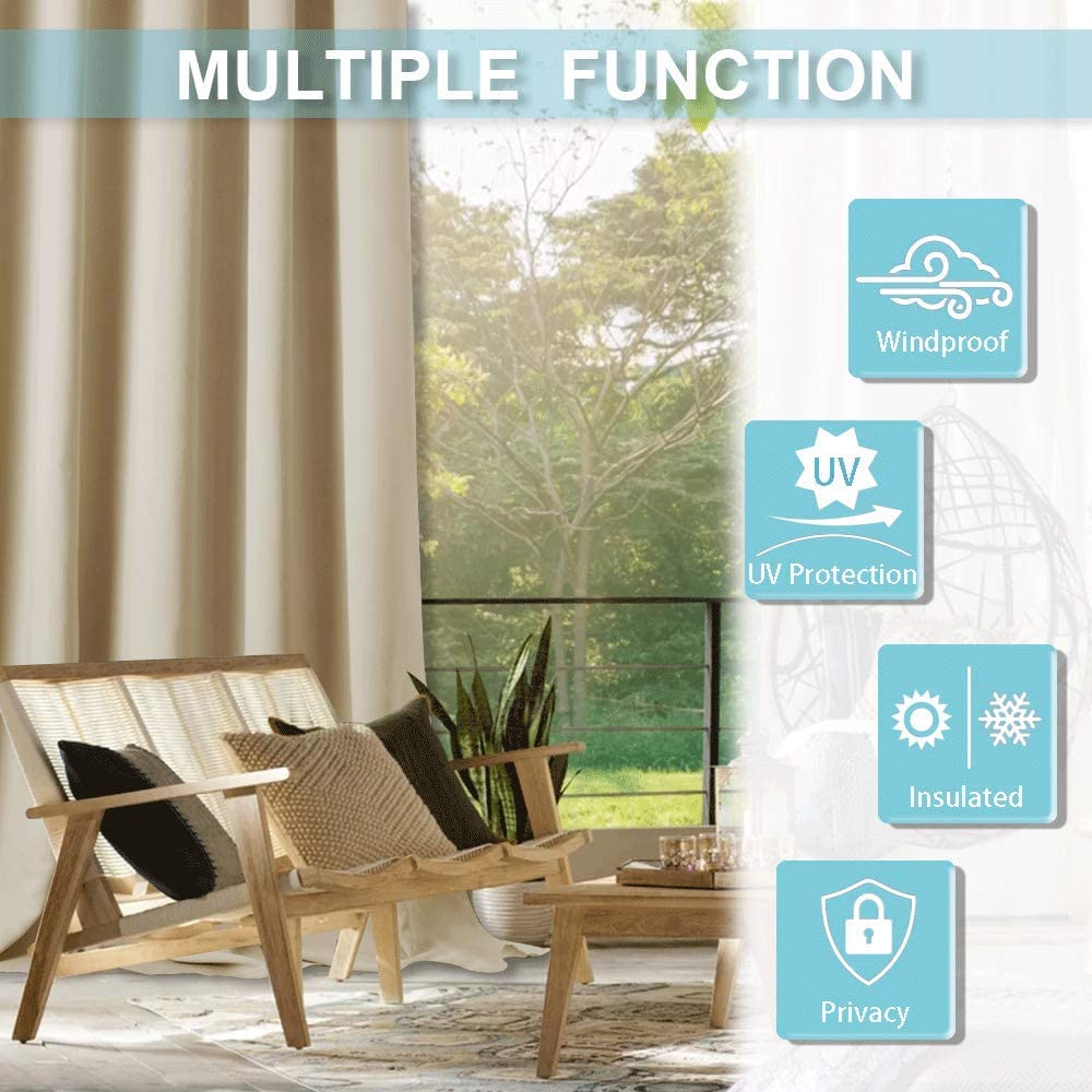 Beige Velcro tab top waterproof outdoor curtain for patio/garage, offering windproof, UV protection, insulation, and privacy shade benefits.
