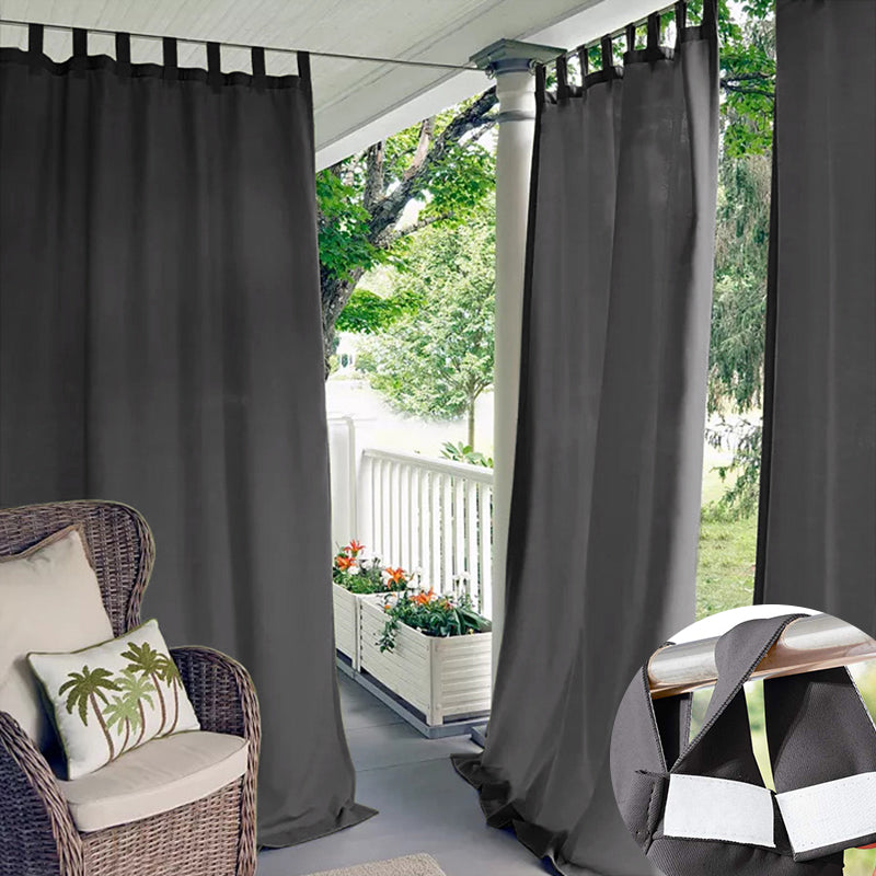Dark grey Velcro tab top waterproof outdoor curtains on a patio. Close-up shows secure tab closure for easy installation & privacy.