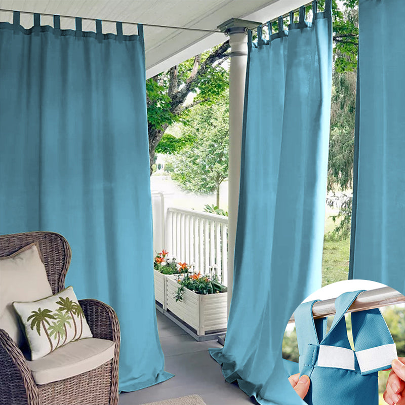 Teal velcro tab top waterproof outdoor curtains creating privacy on a patio. Inset details the easy tab attachment to the rod.