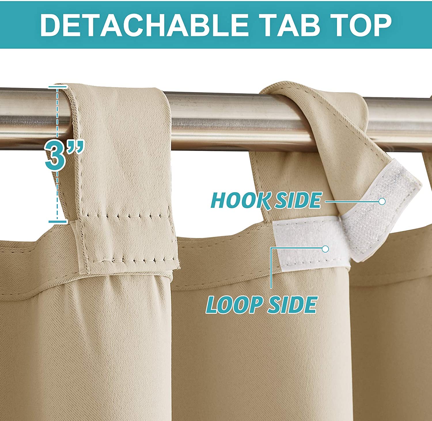 Beige waterproof outdoor patio curtain detail: detachable 3.5" Velcro tab top with hook & loop fasteners on a rod. Perfect for garage.