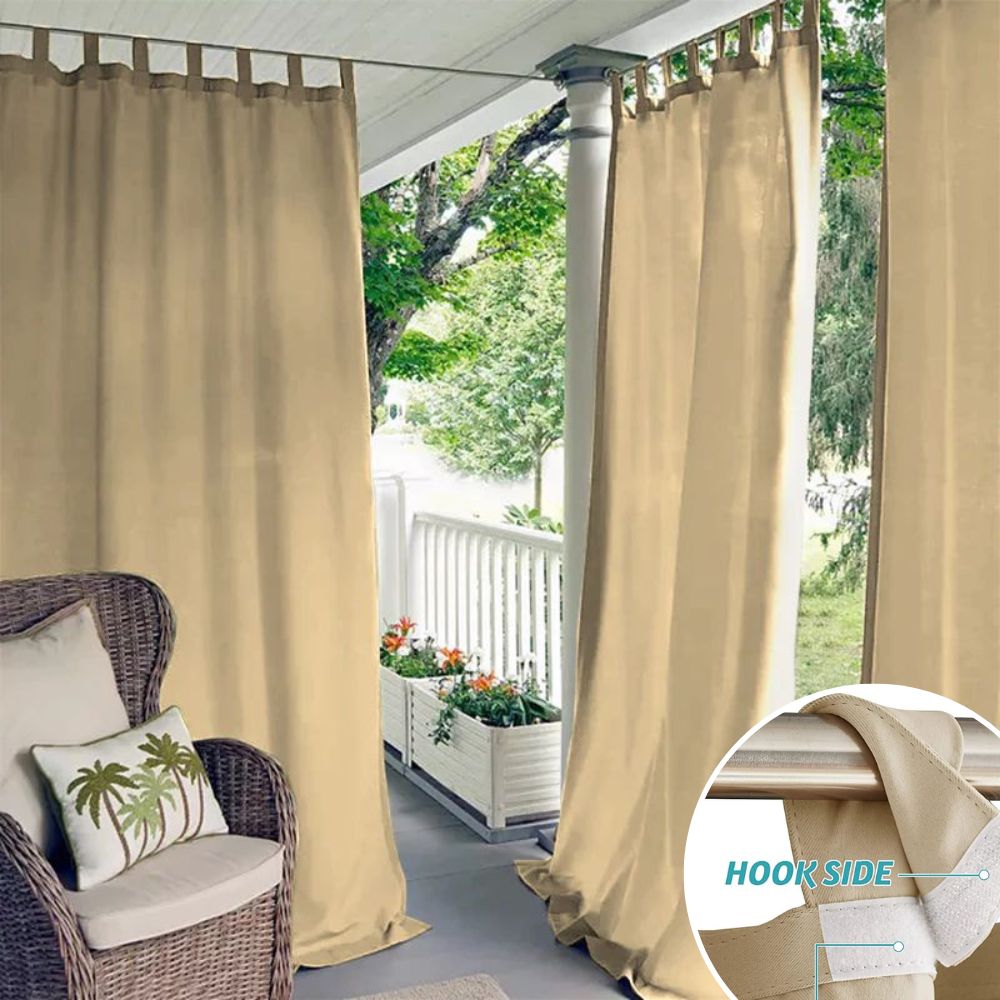 KGORGE beige waterproof outdoor curtains with Velcro tab tops on a patio, providing shade & privacy. Inset shows hook side.
