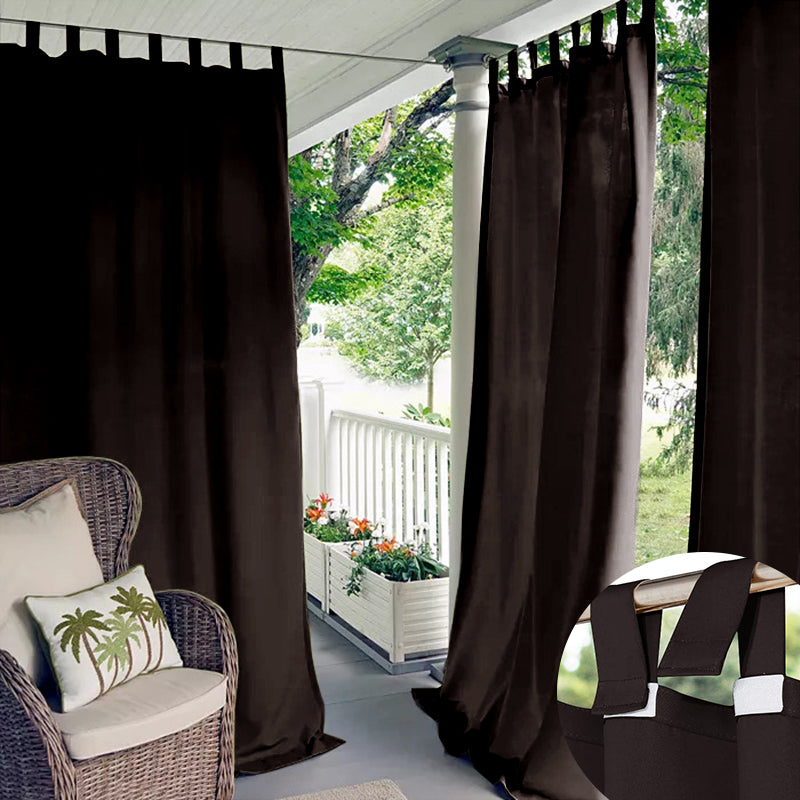 Dark brown Velcro tab top waterproof outdoor curtains providing privacy on a patio, with a close-up of the tabs for easy installation.