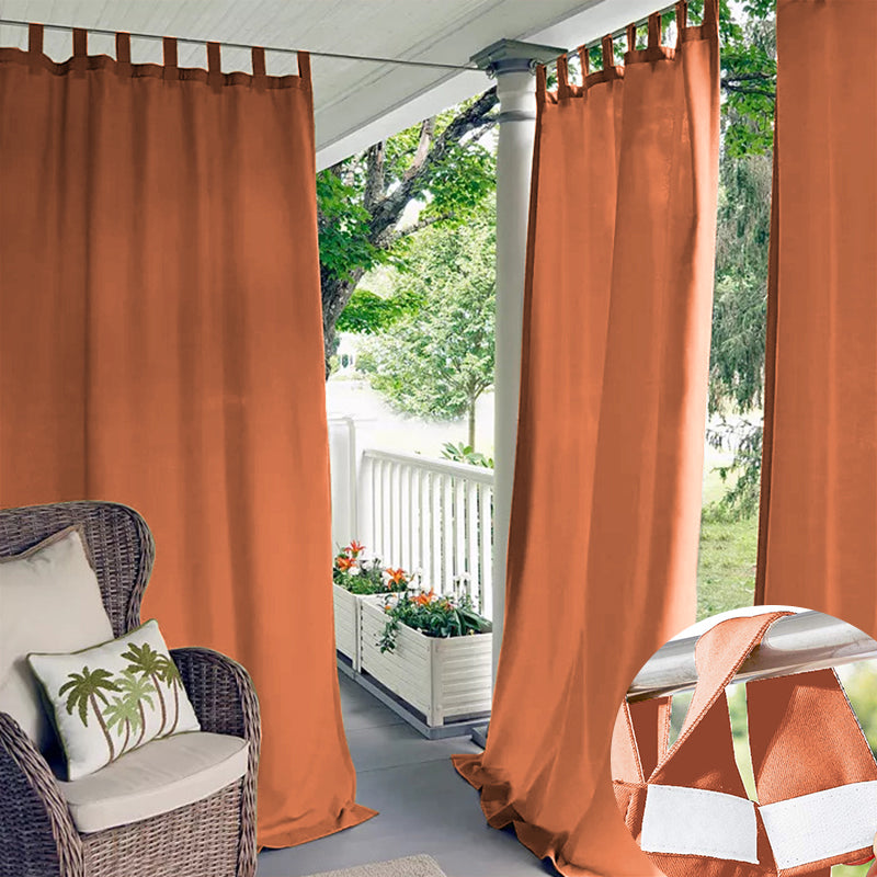 Burnt orange Velcro tab top waterproof outdoor curtains hang on a patio. Inset shows the secure white tabs on the rod.