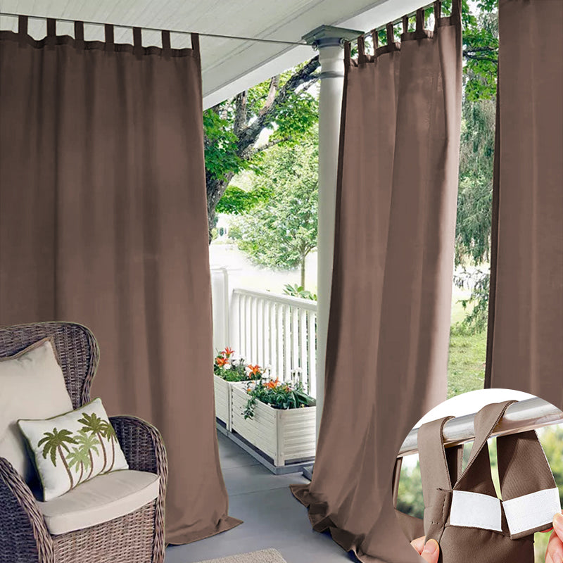 Brown Velcro tab top waterproof outdoor curtains installed on a patio, offering privacy and shade, with detail of tabs.