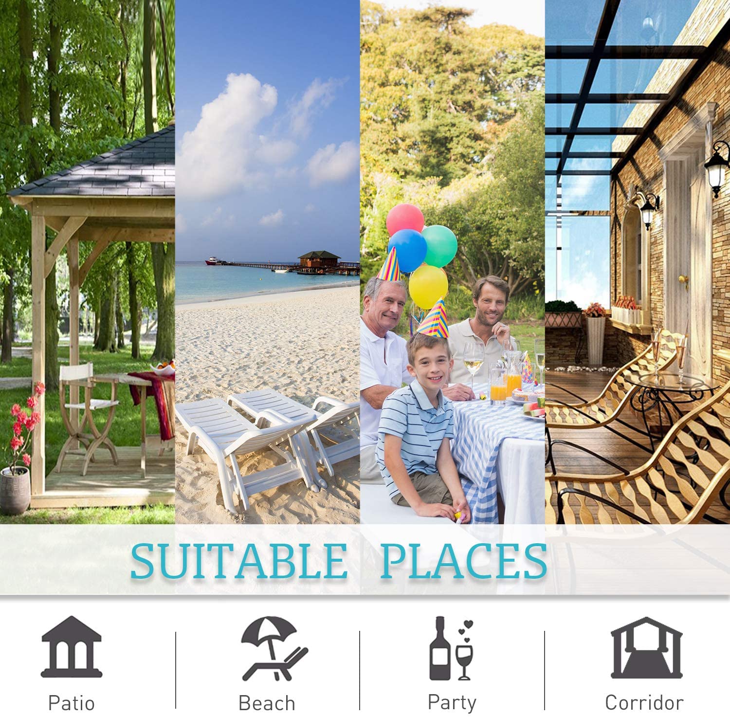Collage of suitable outdoor places for waterproof curtains: patio gazebo, sandy beach, party setting, and elegant corridor.