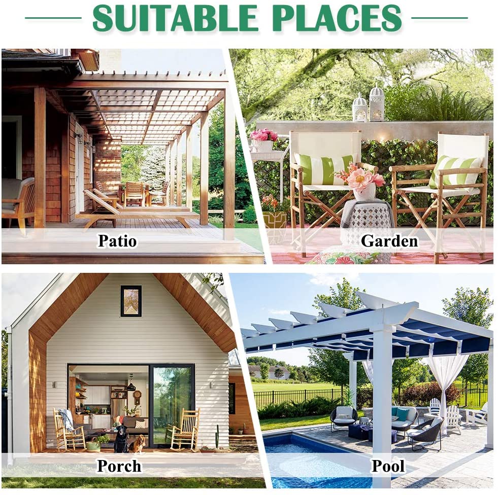 Variety of outdoor living spaces: patio, garden, porch, and pool, ideal for waterproof grommet top outdoor curtains.