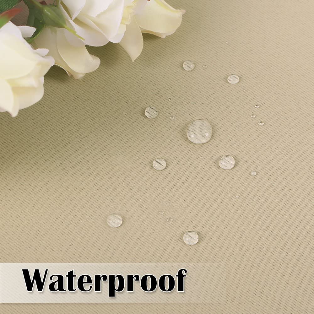 KGORGE beige waterproof outdoor patio curtain fabric with prominent water droplets beading, showcasing its durable weather resistance.