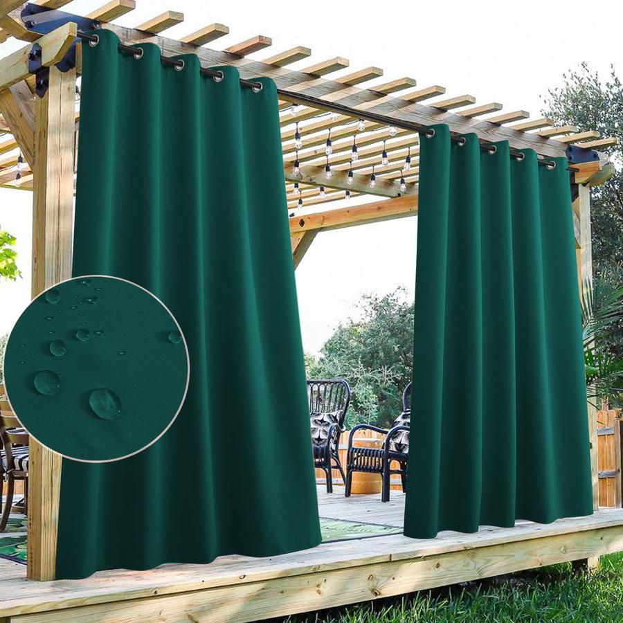 KGORGE dark green waterproof grommet top patio curtains on a pergola, with water beading close-up highlighting durable weather protection.