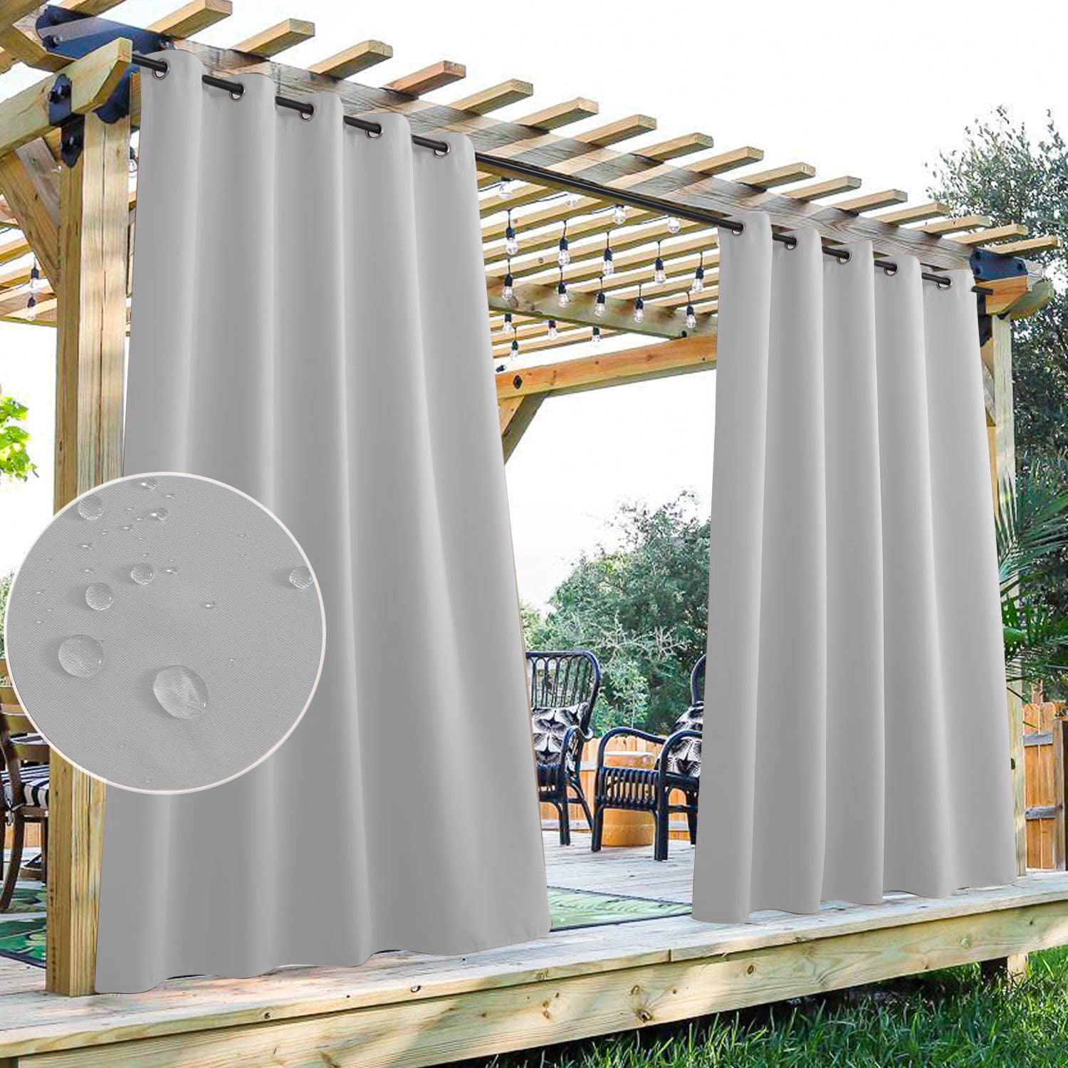 Light grey waterproof grommet top patio outdoor curtain panel hanging from a pergola, with a close-up showing water beading on the fabric.