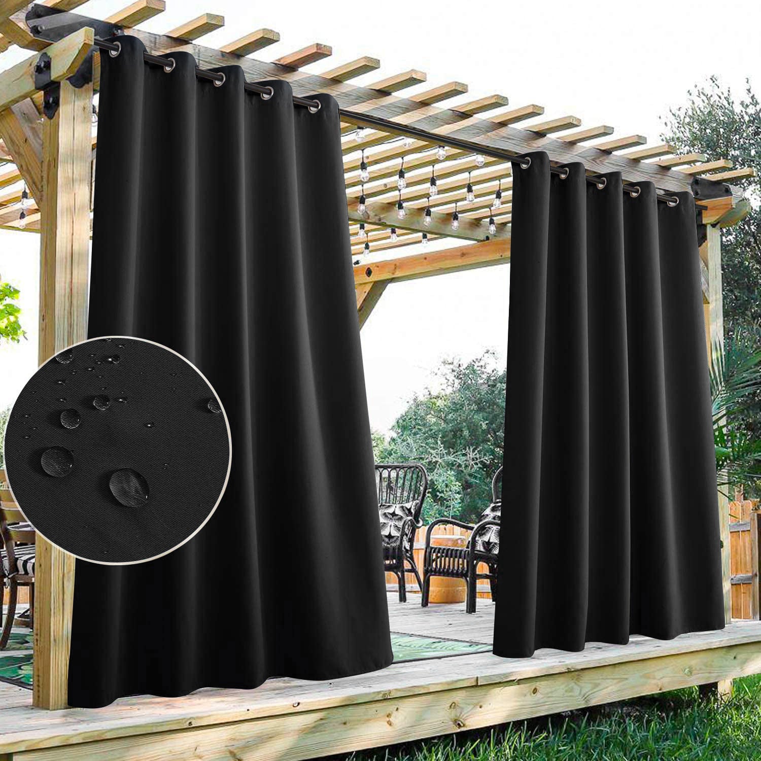 Black waterproof grommet top outdoor curtain panels on a patio pergola, with an inset showing water droplets on the fabric.