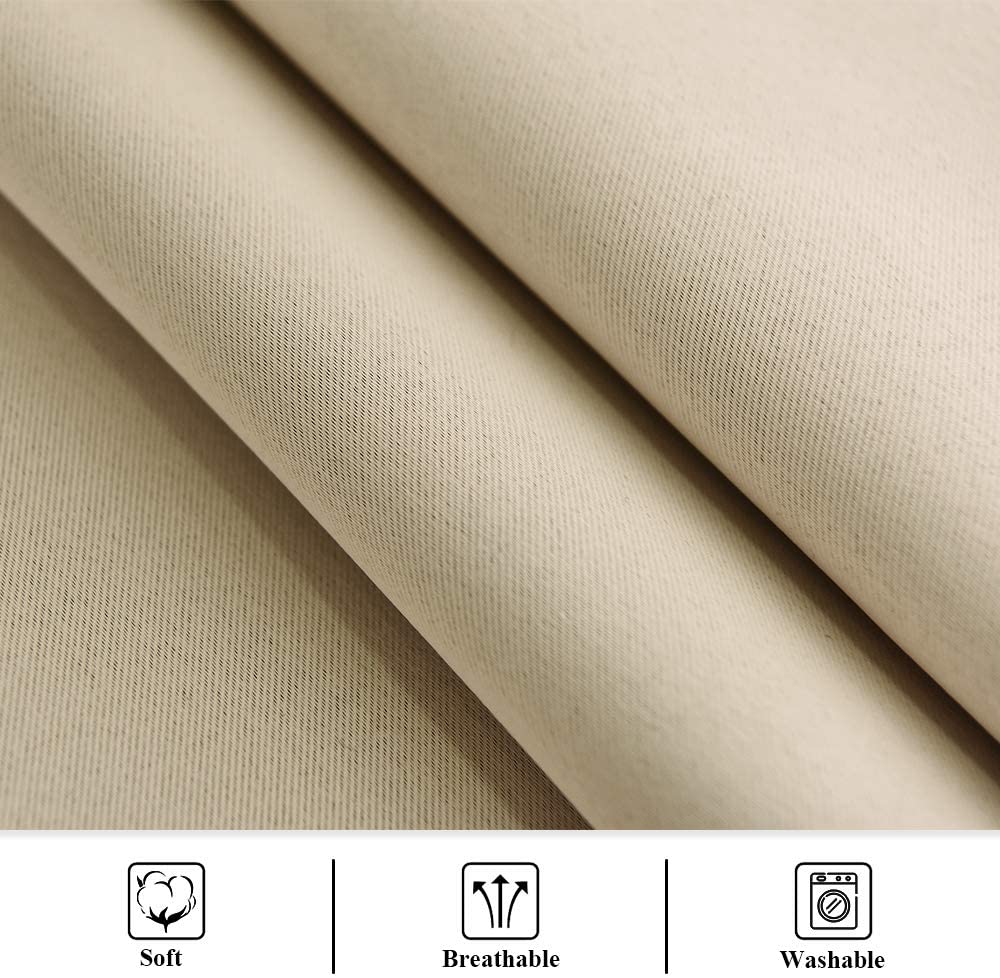 Beige waterproof outdoor curtain fabric texture, highlighting its soft, breathable, and washable properties for patio use.