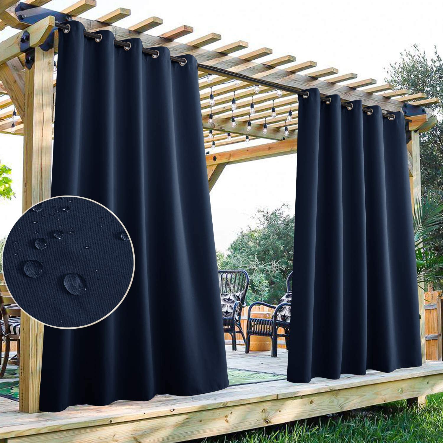 Navy waterproof grommet top patio outdoor curtains on a wooden pergola. Close-up shows water droplets repelling off the fabric.