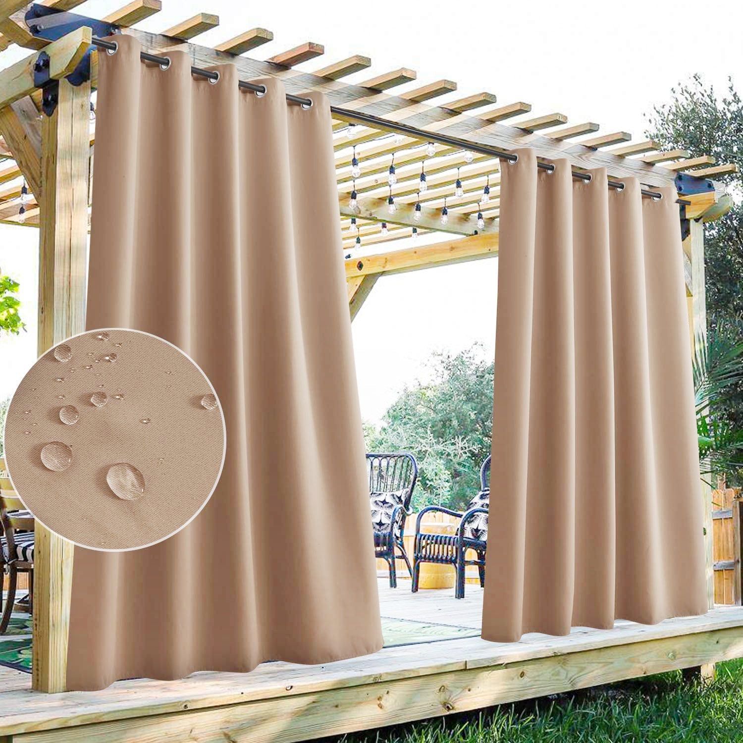 Beige waterproof grommet top outdoor curtains hanging on a pergola, close-up shows water beading on the durable fabric for patio protection.