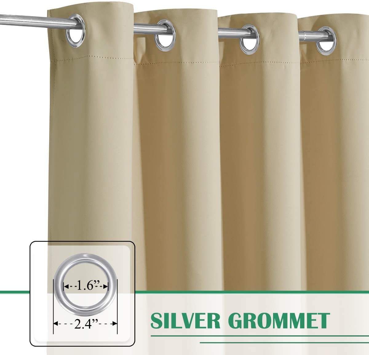 Detailed view of a light beige waterproof outdoor patio curtain, highlighting the durable 1.6-inch silver grommet top on a curtain rod.