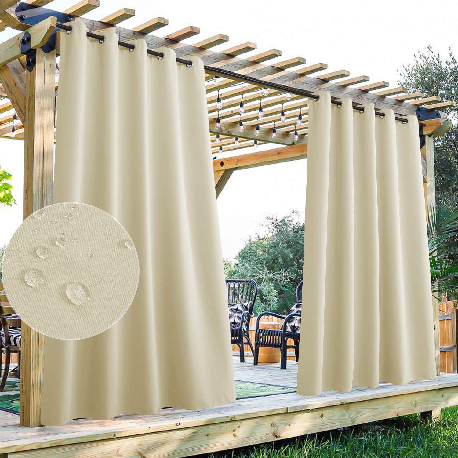 Beige waterproof grommet top outdoor curtains hanging from a pergola. Inset shows water beading on the durable fabric for patio shade.