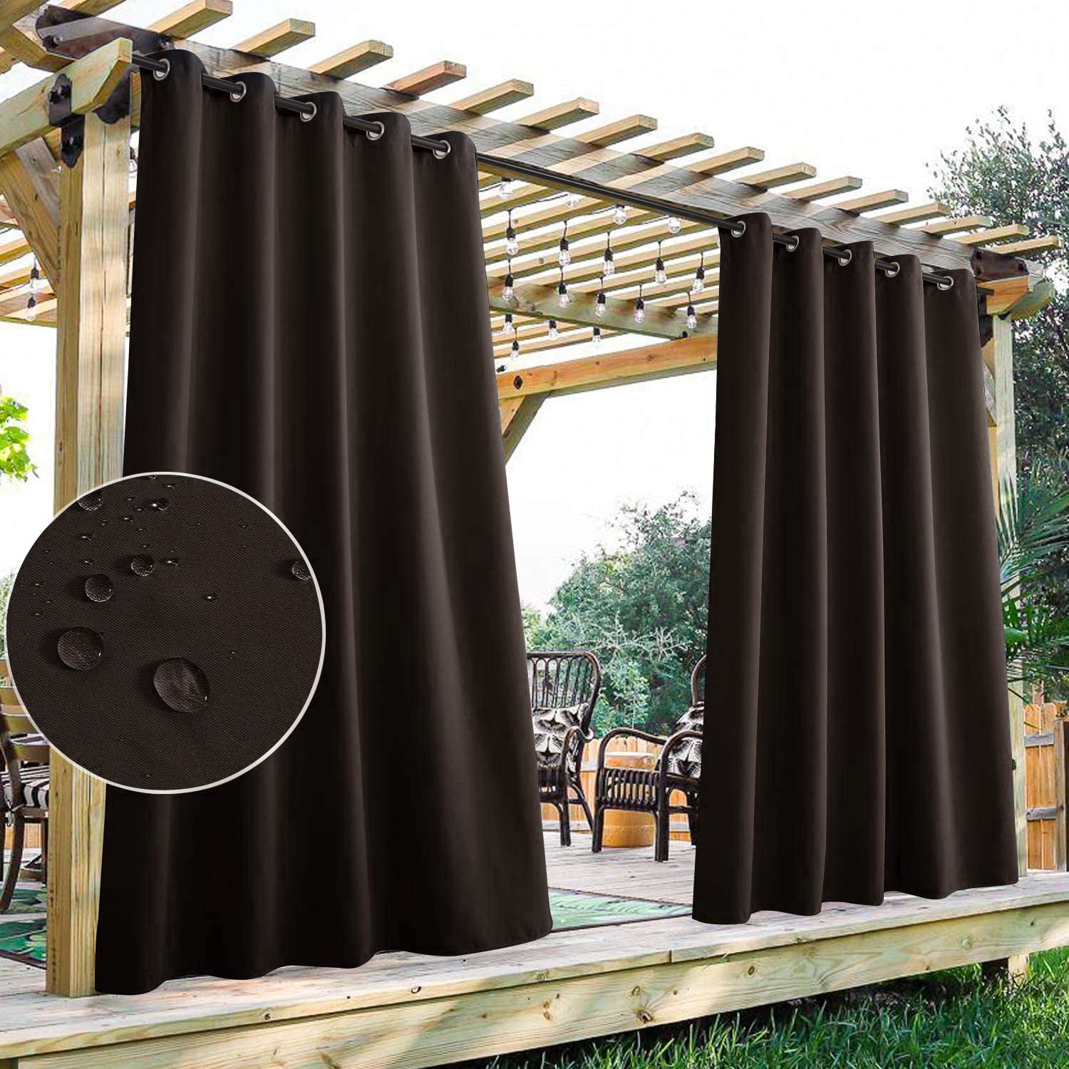 Dark brown waterproof grommet top patio outdoor curtains providing shade on a wooden pergola, with water droplets on the fabric.