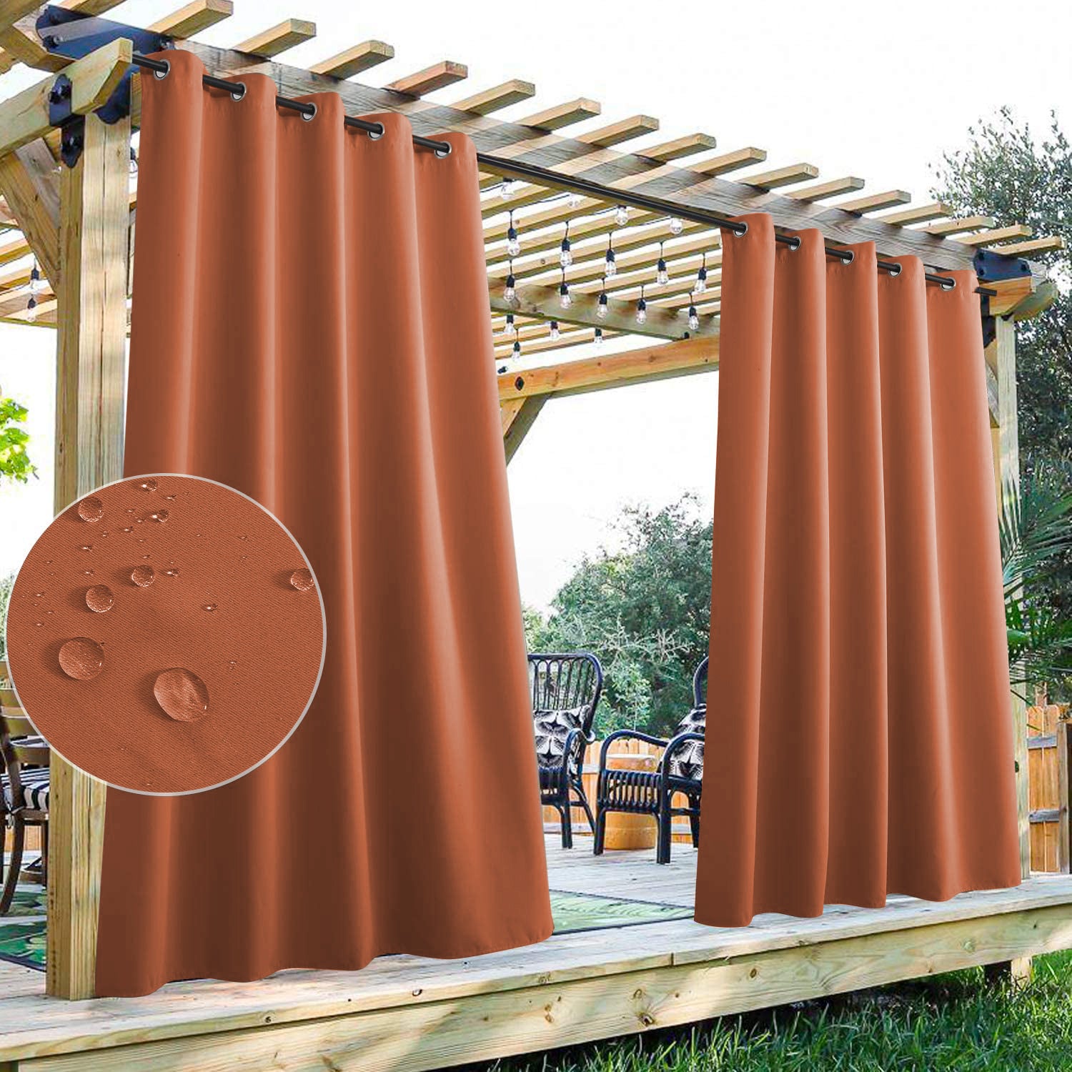 Burnt orange waterproof outdoor curtains with grommet tops on a pergola, providing patio privacy. Inset shows water beading.