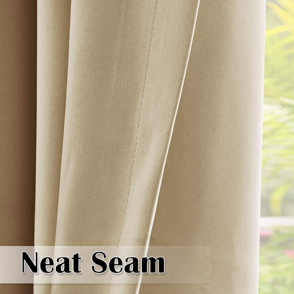 Close-up of beige waterproof outdoor curtain fabric, highlighting the neat, durable seam and quality texture for patio use.